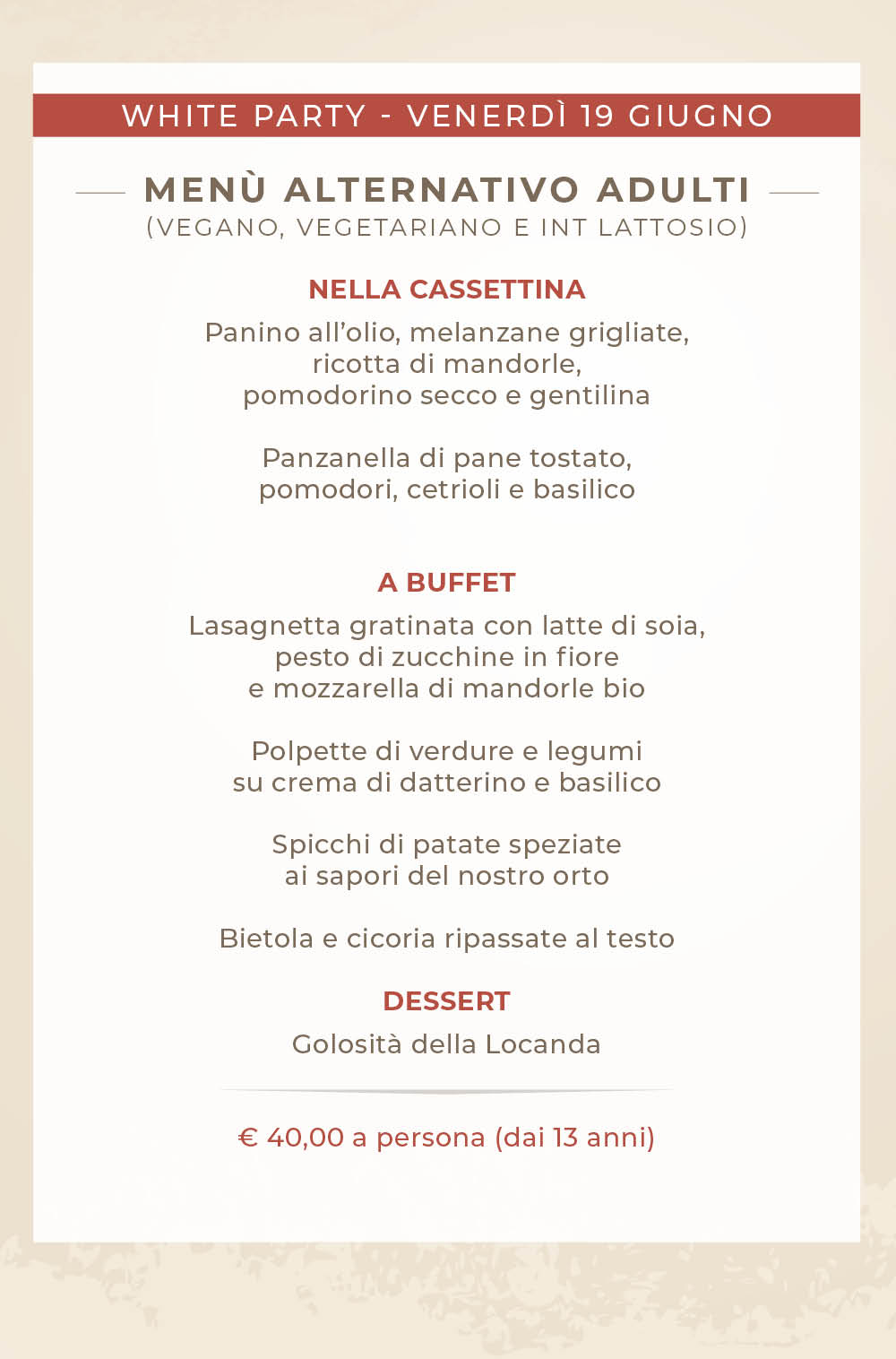 Menù vegano/vegetariano White Party